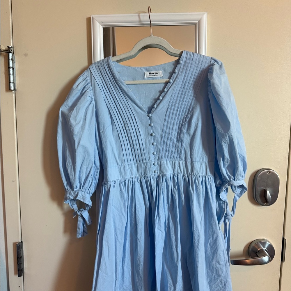 Showpo - ZANDRA MINI DRESS - PUFF SLEEVE POPLIN DRESS IN ICY BLUE